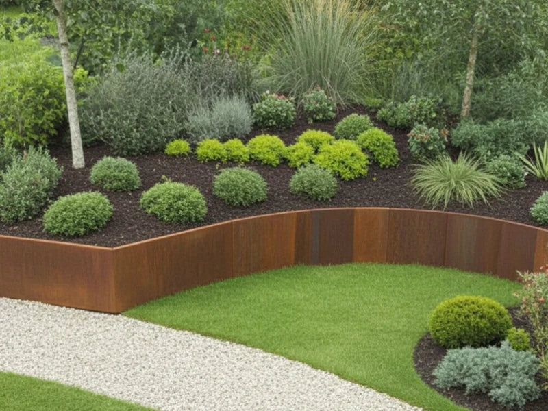 Böjd stödmur i cortenstål med perenner i trädgårdsdesign