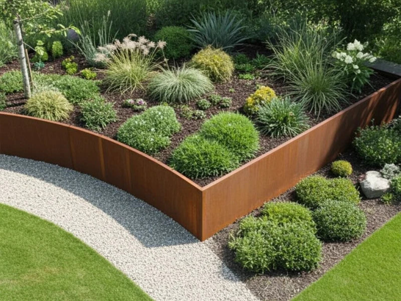 Stödmur i cortenstål med hörn runt planteringsbädd