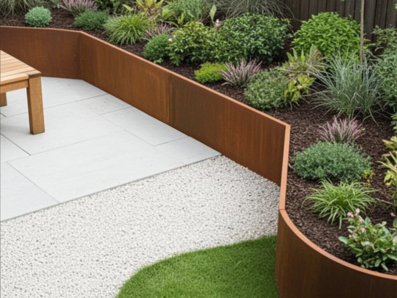 Invändigt hörn 45 grader till stödmur i cortenstål vid terrass