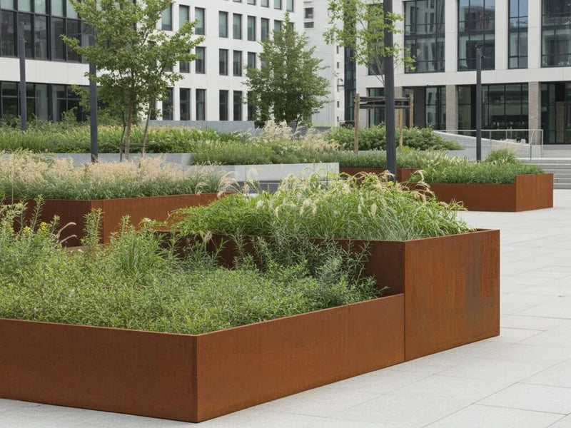 Stödmur och planteringsbäddar i cortenstål i modernt gårdsrum