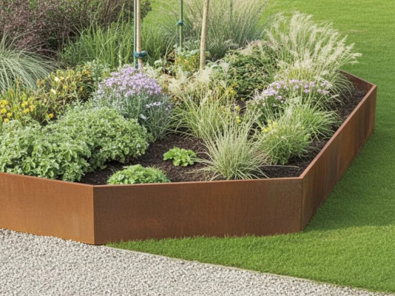 Utvändigt hörn 45 grader till stödmur i cortenstål i planteringsbädd