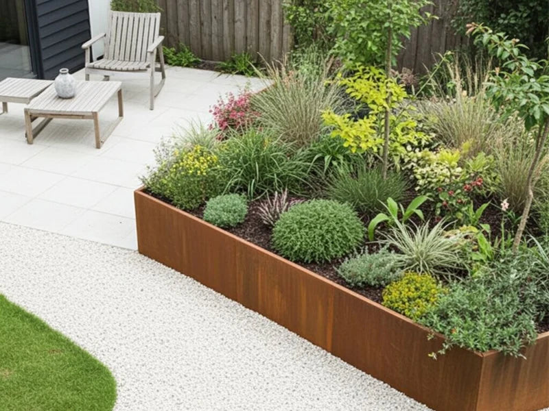 Utvändigt hörn 45 grader till stödmur i cortenstål vid terrass