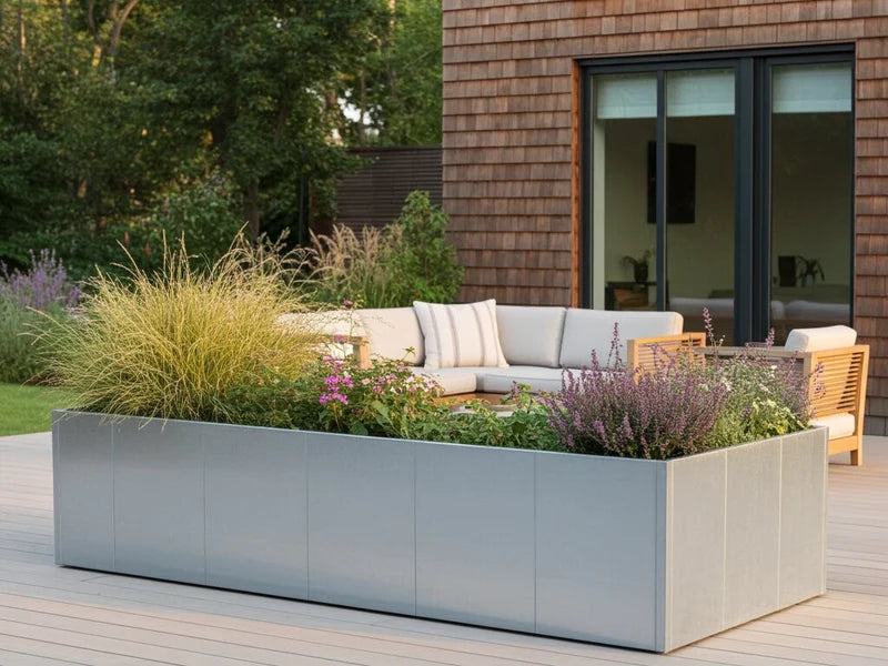 Stor L-formad blomlåda i galvaniserat stål runt uteplats