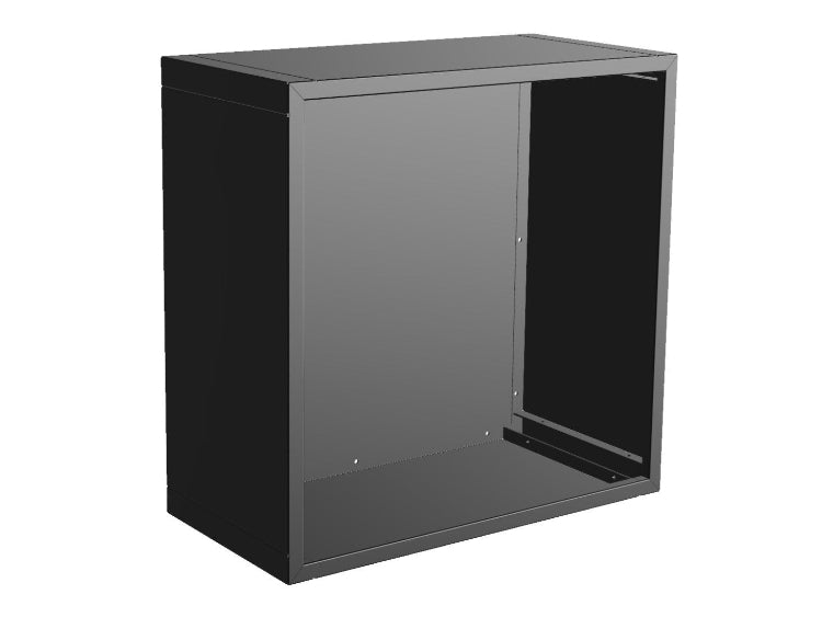 3D-visualisering av vedmodul i svartlackerat stål med öppen front