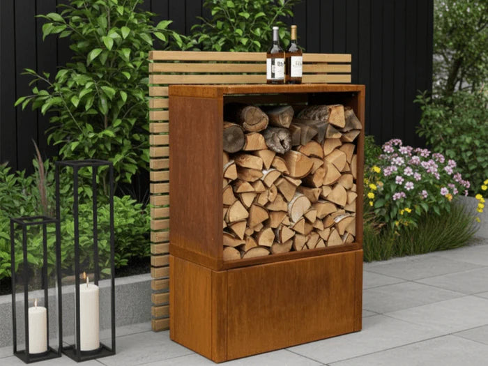 Stilrent vedställ i cortenstål för utomhusbruk i modern miljö