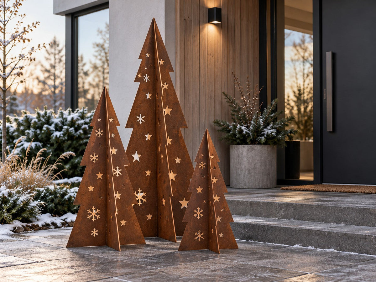 Julgran i cortenstål – med stjärnor och snöflingor (80 / 120 / 180 cm)