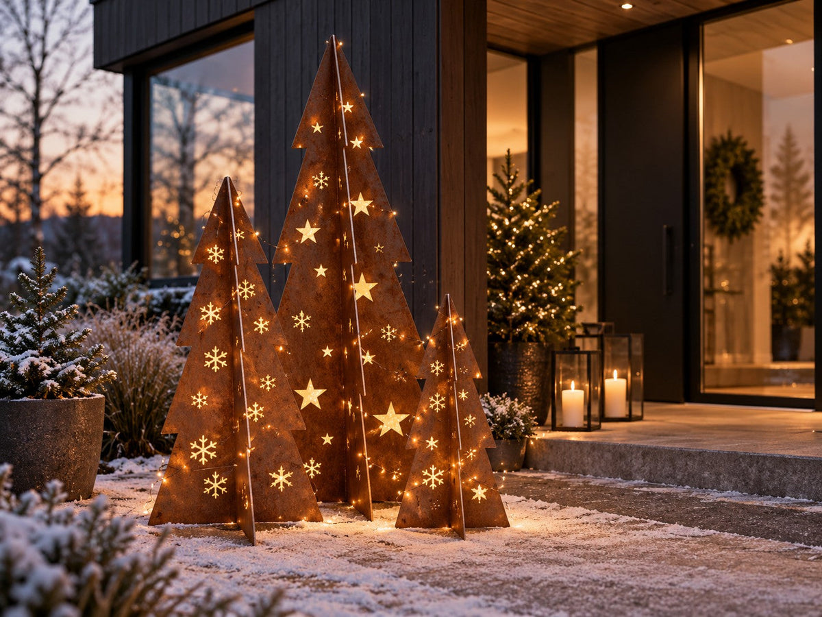 Julgran i cortenstål – med stjärnor och snöflingor (80 / 120 / 180 cm)