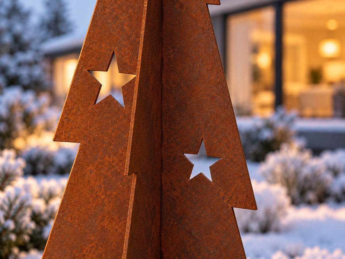 Julgran i cortenstål – med stjärnor och snöflingor (80 / 120 / 180 cm)