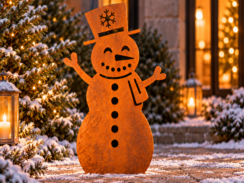 Snögubbe i cortenstål – juldekoration (35 / 50 / 80 cm)