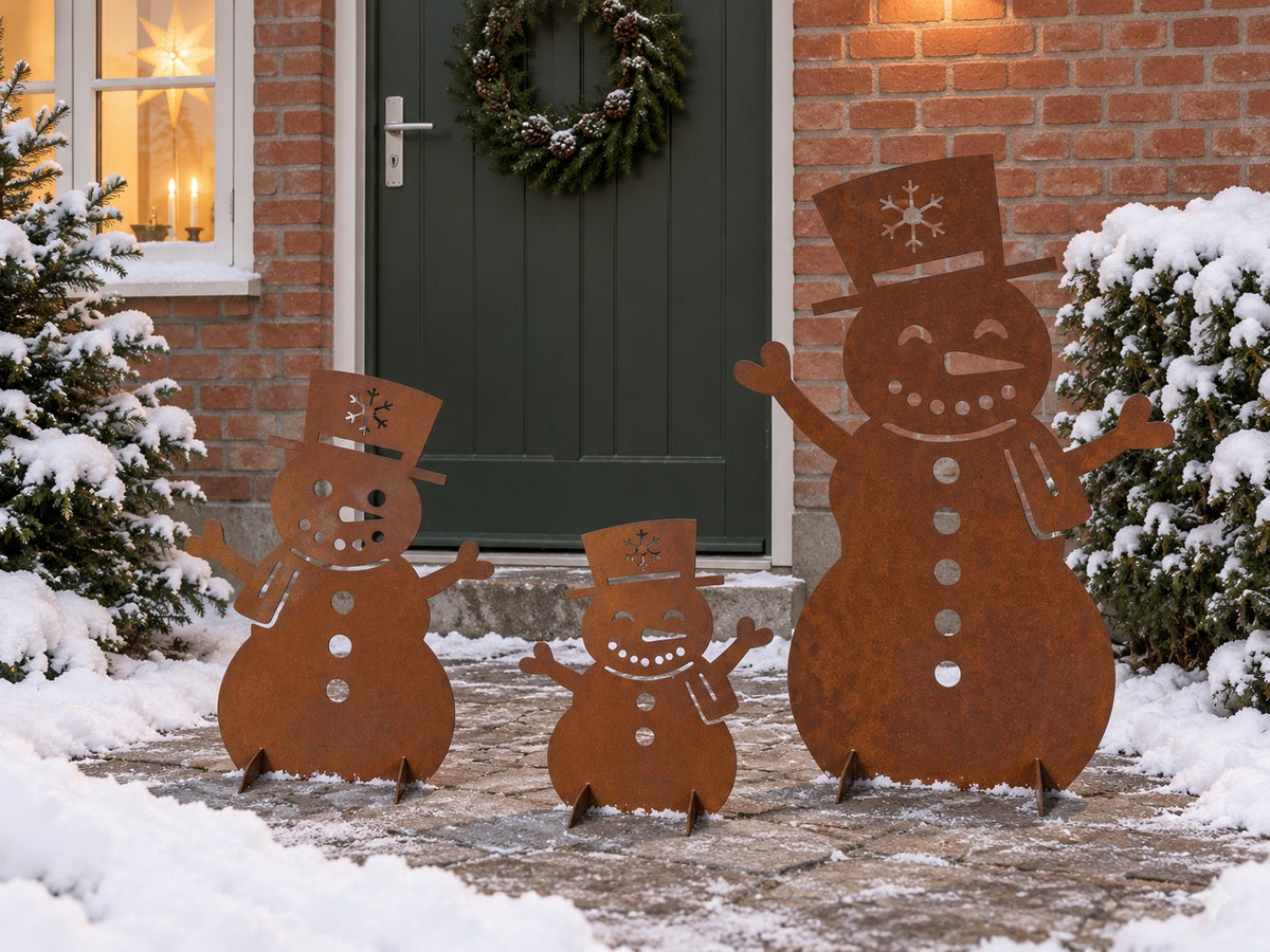Snögubbe i cortenstål – juldekoration (35 / 50 / 80 cm)