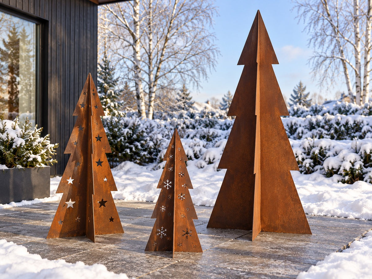 Julgran i cortenstål – med stjärnor och snöflingor (80 / 120 / 180 cm)