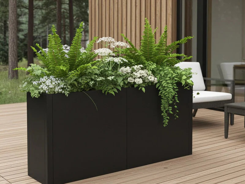 Blomlåda i svart stål med ormbunkar och vita blommor