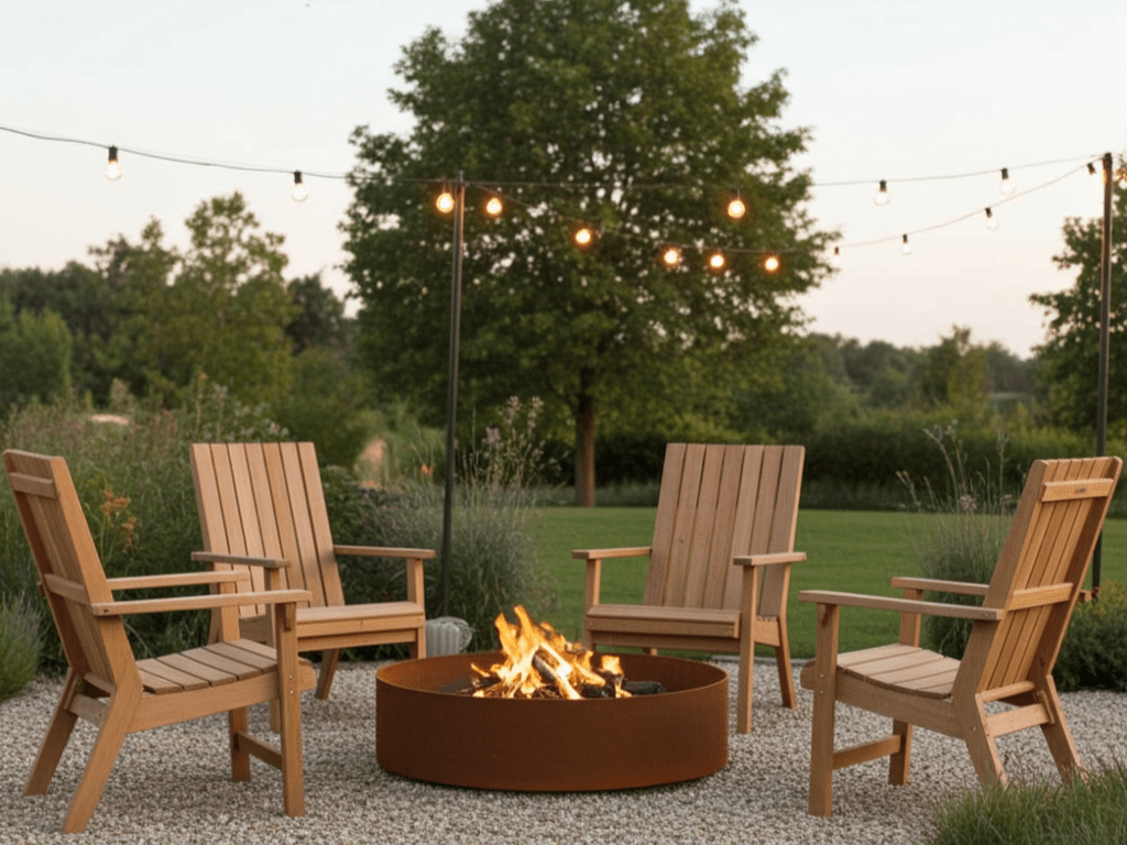 Eldstad i cortenstål placerad i trädgård med sittplatser och belysning.