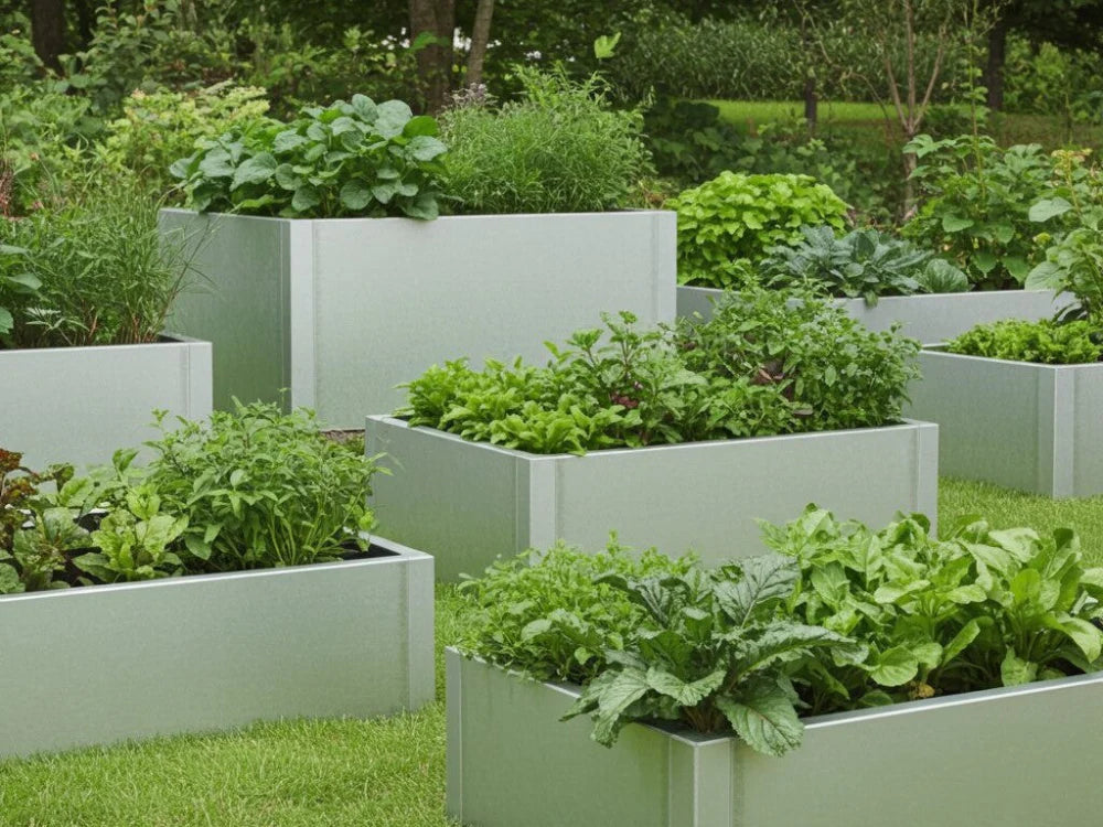 byJEMA CUBY odlingslådor i galvaniserat stål med grönsaker och örter i köksträdgård