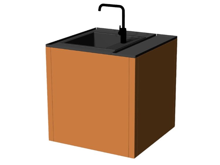 3D-visualisering av vaskmodul till utomhuskök i cortenstål