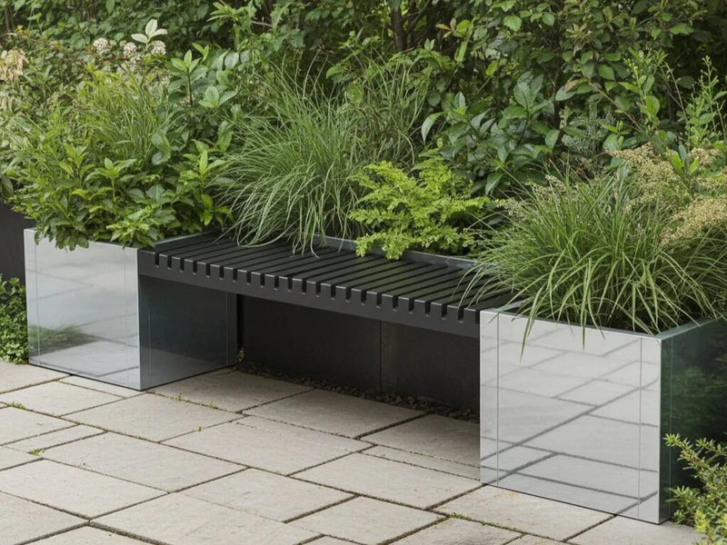 CUBY bänkset i galvaniserat stål med bänk och planteringslådor