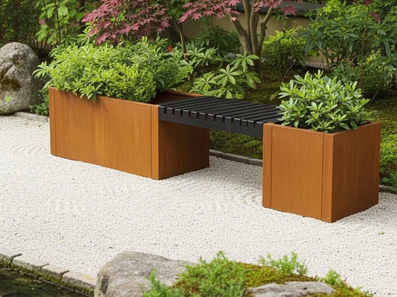 CUBY litet bänksätt i cortenstål med planteringslådor