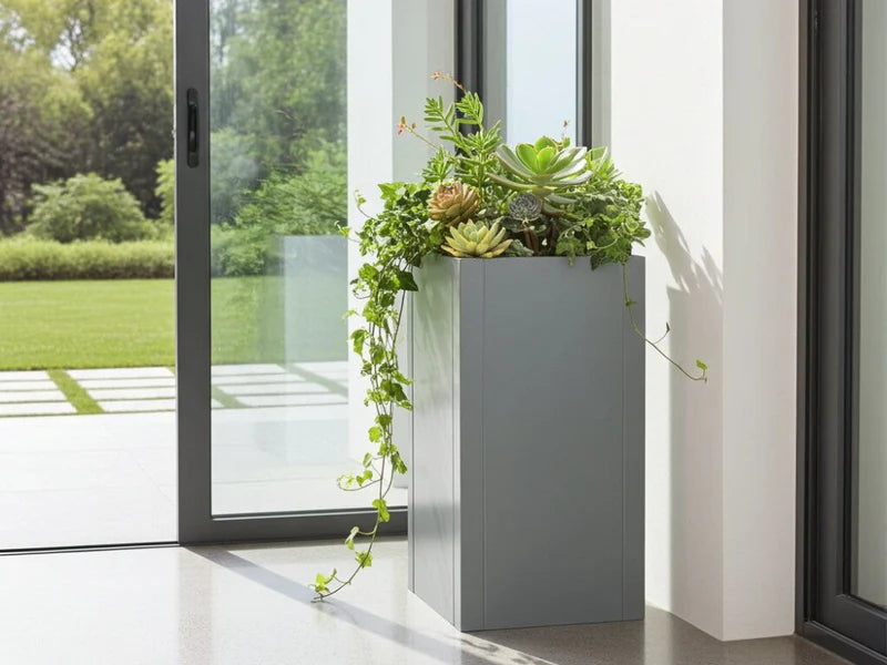 CUBY blomlåda i galvaniserat stål med gröna växter placerad vid glasparti