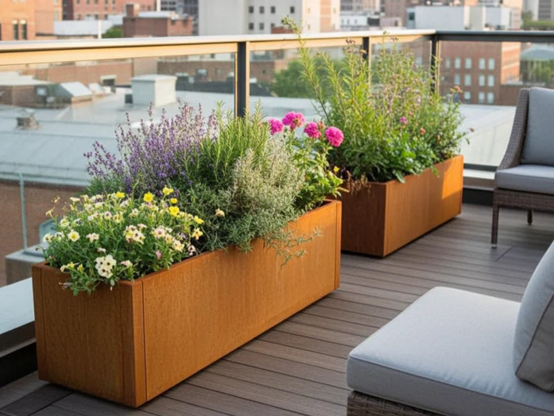 Blomlåda i cortenstål från CUBY med blommor på balkong