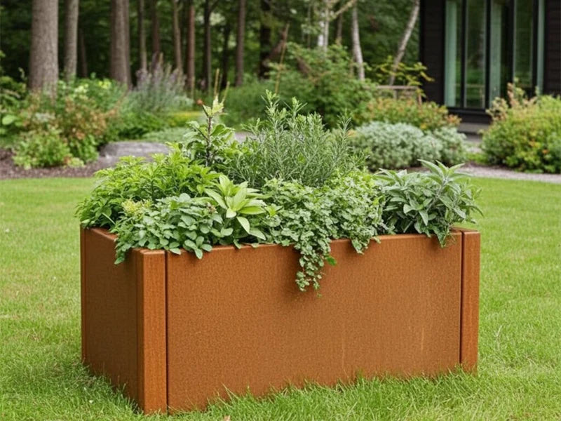 CUBY blomlåda i cortenstål med frodiga kryddväxter i trädgård
