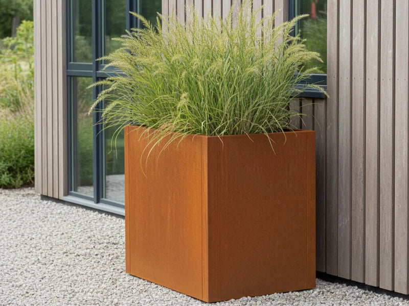 CUBY blomlåda i cortenstål med högt prydnadsgräs vid modern fasad