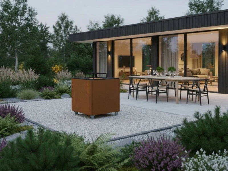 CUBY eldstad i cortenstål i modern trädgård med arkitektur