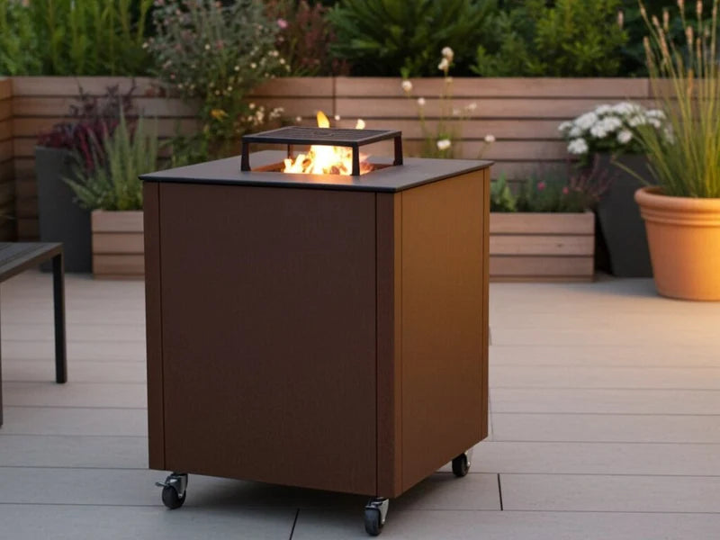 CUBY eldstad i cortenstål på modern terrass med synlig eld