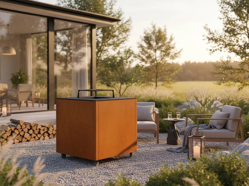CUBY eldstad i cortenstål på terrass i solnedgång med loungemöbler
