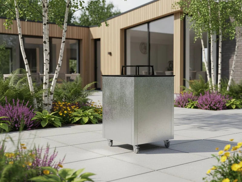 CUBY eldstad i galvaniserat stål på terrass vid modern arkitektur