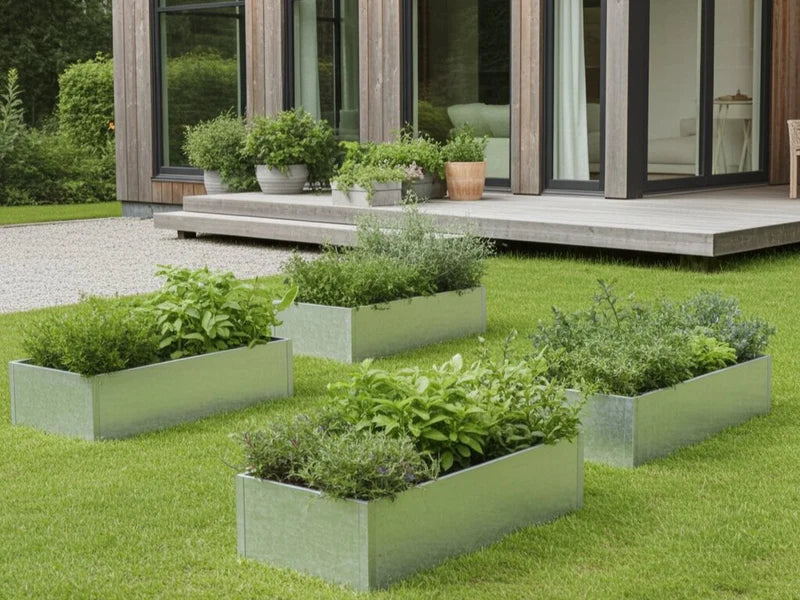 Flera blomlådor i galvaniserat stål från CUBY placerade på gräsmatta