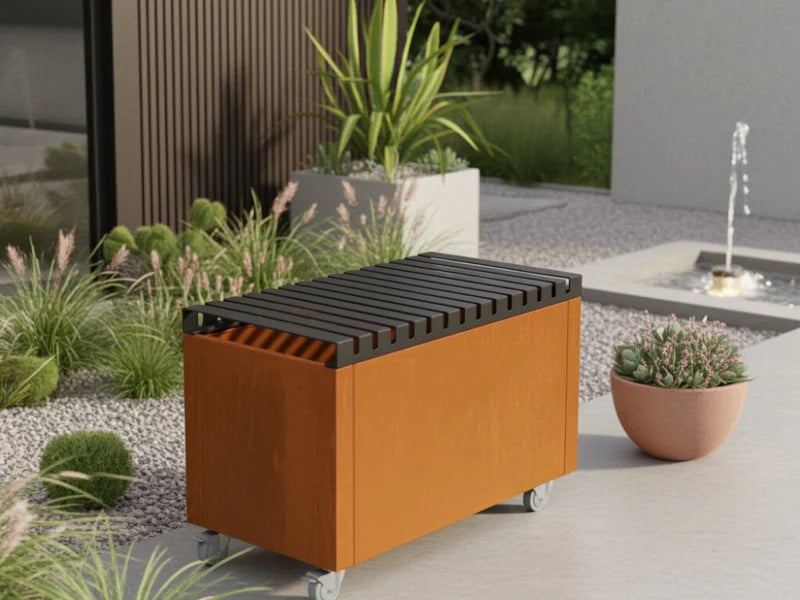 CUBY toppbänk 80 cm i cortenstål med hjul