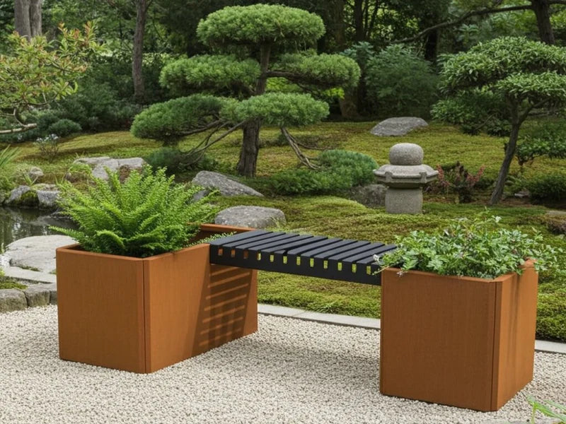 EDGY litet bänksätt i cortenstål med planteringslådor