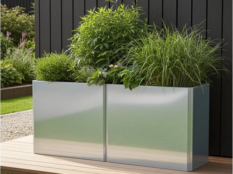 EDGY blomlådor i galvaniserat stål med buskar och prydnadsgräs