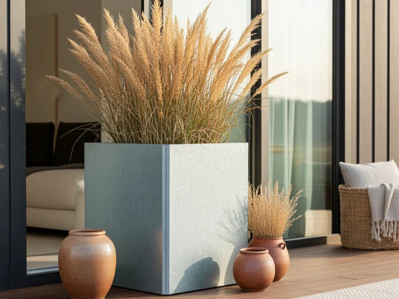 EDGY blomlåda i galvaniserat stål med prydnadsgräs vid träfasad