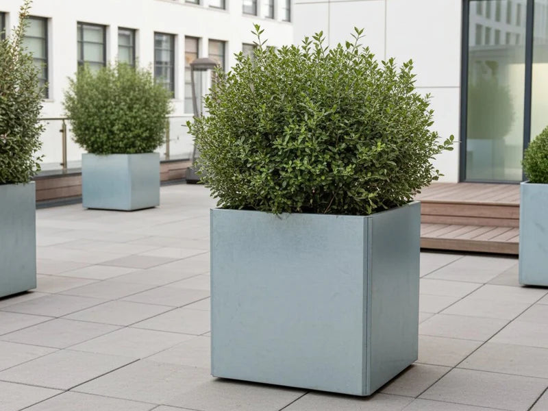 Kvadratisk EDGY blomlåda i galvaniserat stål på modern terrass