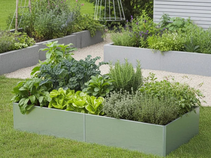 Galvaniserad EDGY odlingslåda i modern trädgårdsmiljö
