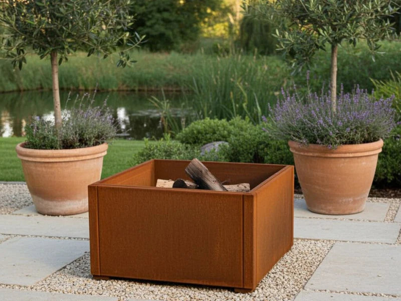 Eldstad i cortenstål på terrass