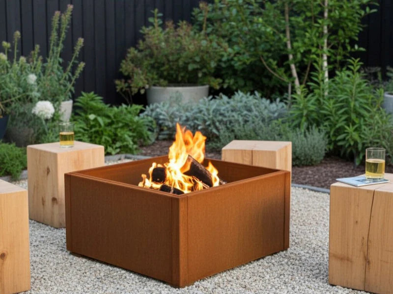 Eldstad i cortenstål för mysig eldplats i trädgård