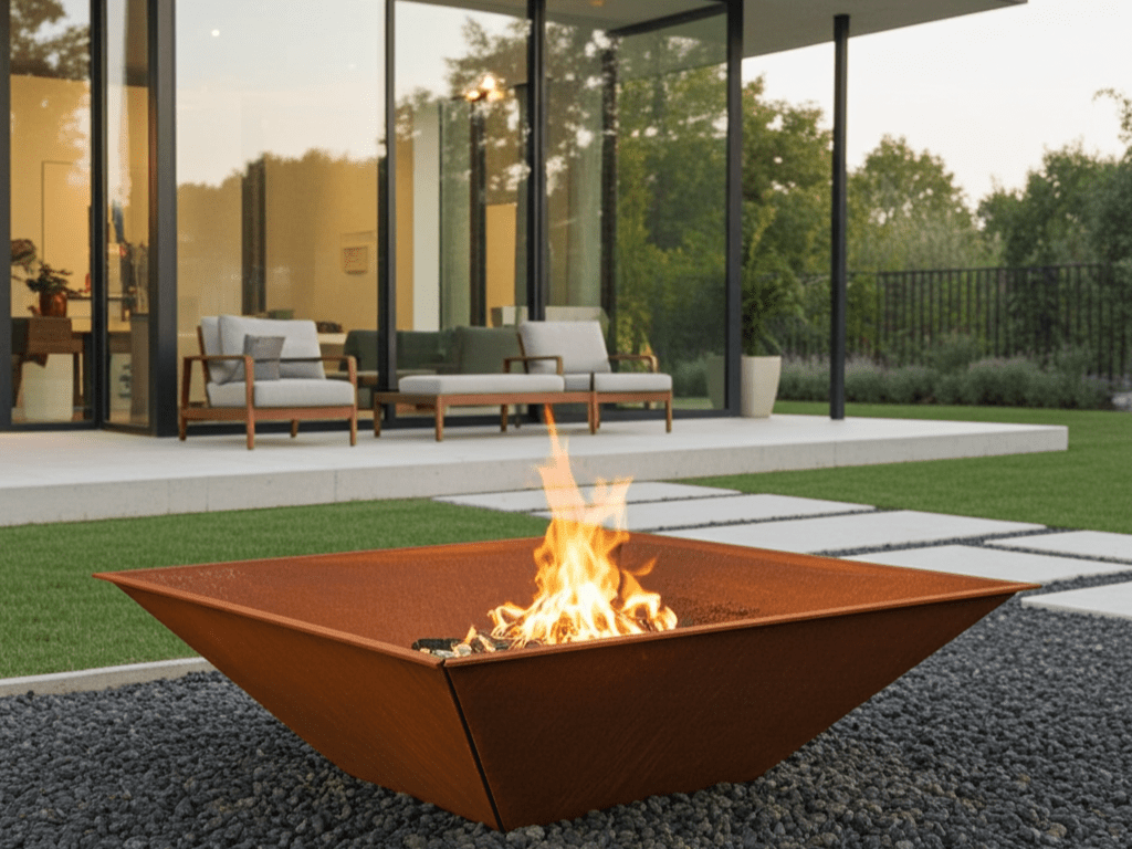 Fyrkantig eldstad i cortenstål placerad i modern trädgård framför terrass med sittmöbler