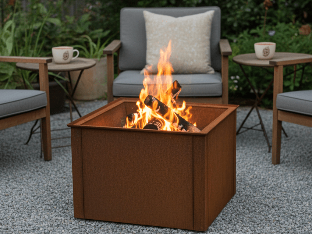 Fyrkantig eldstad i cortenstål placerad i trädgård med sittgrupp och levande eld