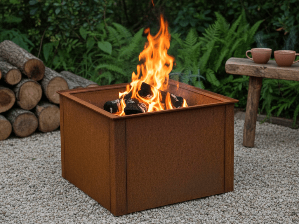 Fyrkantig eldstad i cortenstål med ved och lågor, placerad på grus i grön trädgårdsmiljö