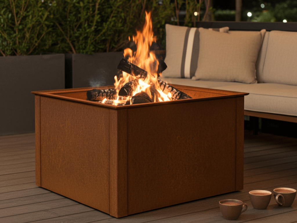 Fyrkantig eldstad i cortenstål på terrass med loungemöbler och levande eld i kvällsmiljö