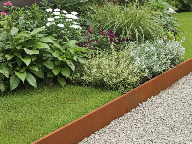 Gräskant i cortenstål mellan gräs och blomrabatt