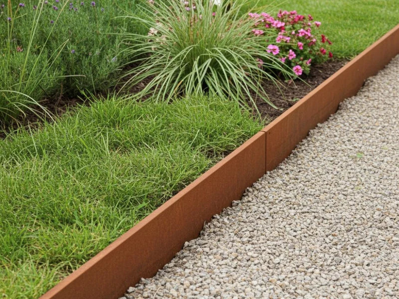 Gräskant i cortenstål mellan gräsmatta och grusgång