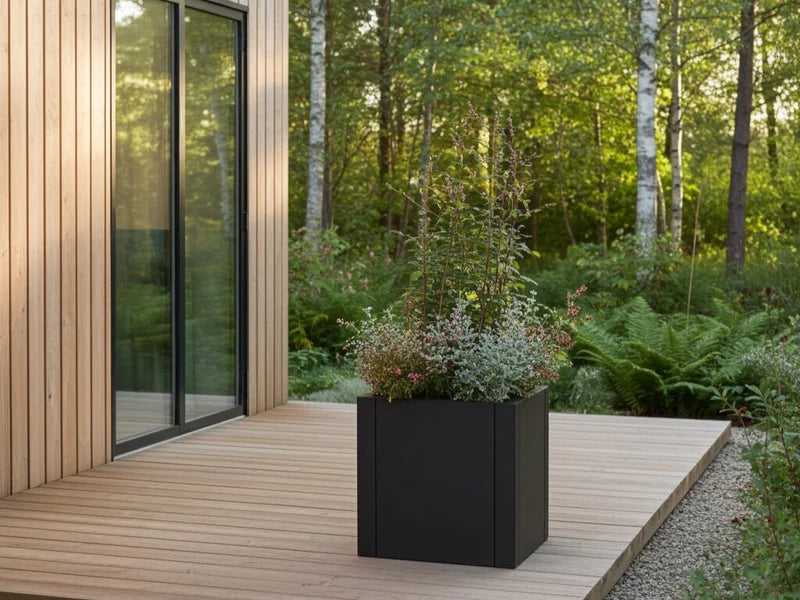 Kvadratisk blomlåda i svart stål med växter på träterrass