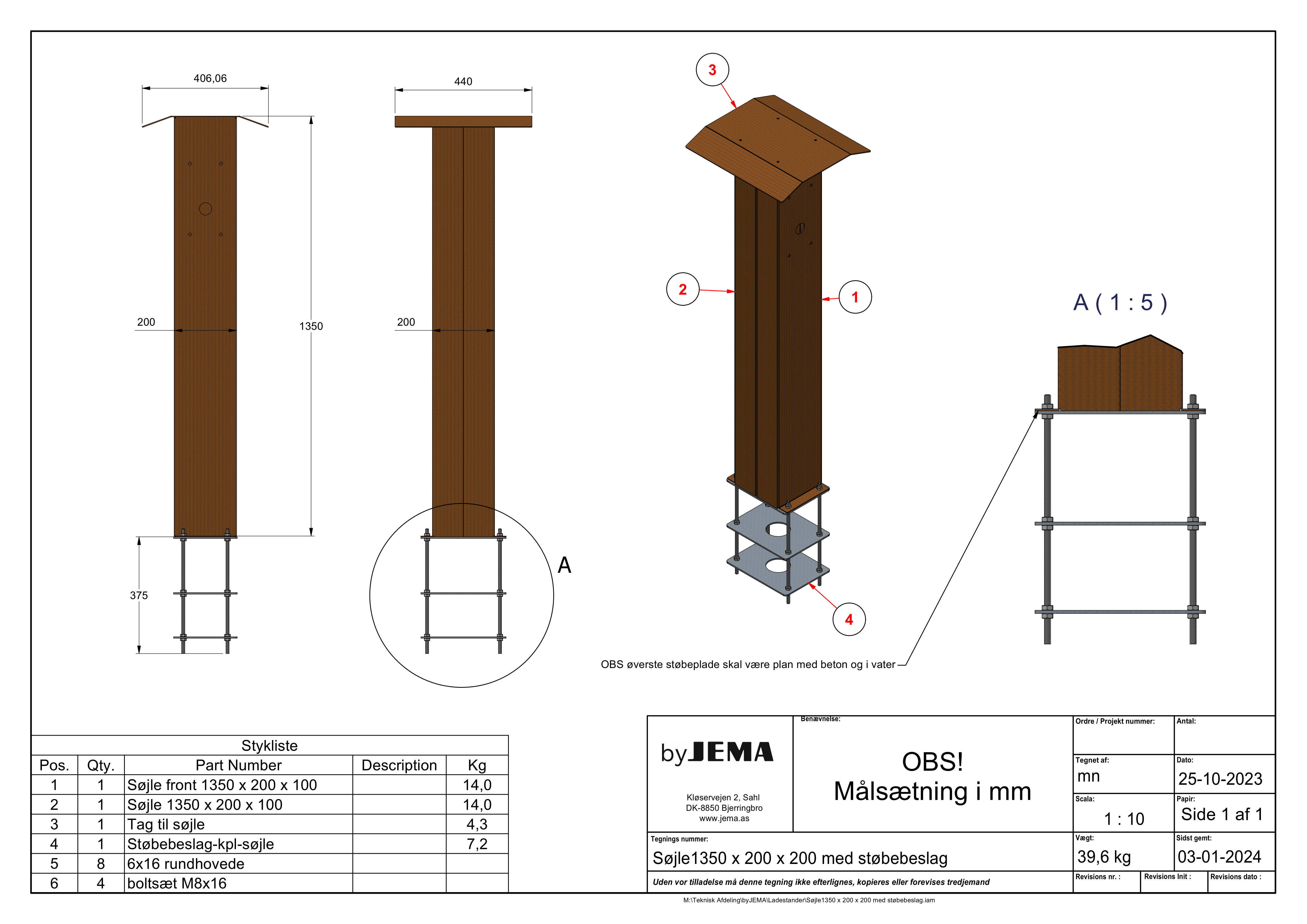 Teknisk ritning av laddstolpe med mått och fundamentlösning