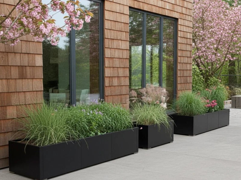 Lång blomlåda i svart stål med gräs och blommande växter vid fasad