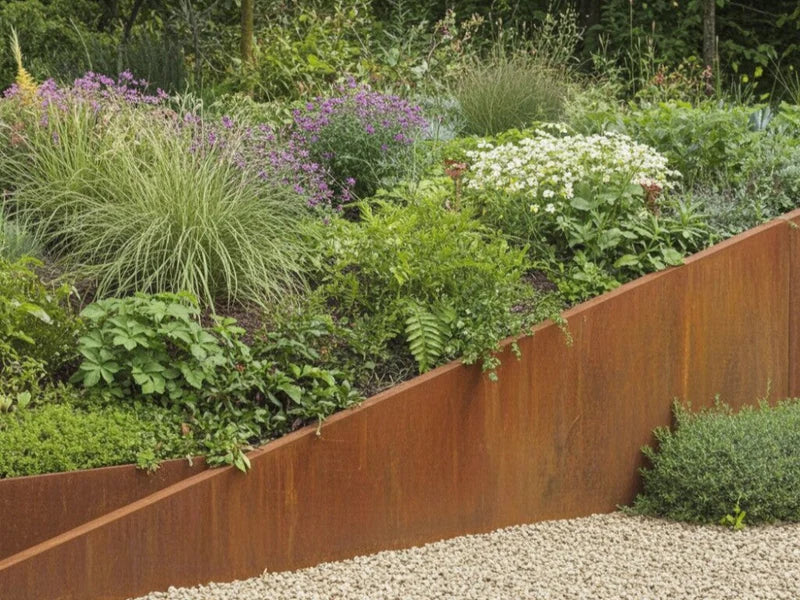 Lutande stödmur i cortenstål i blomrabatt