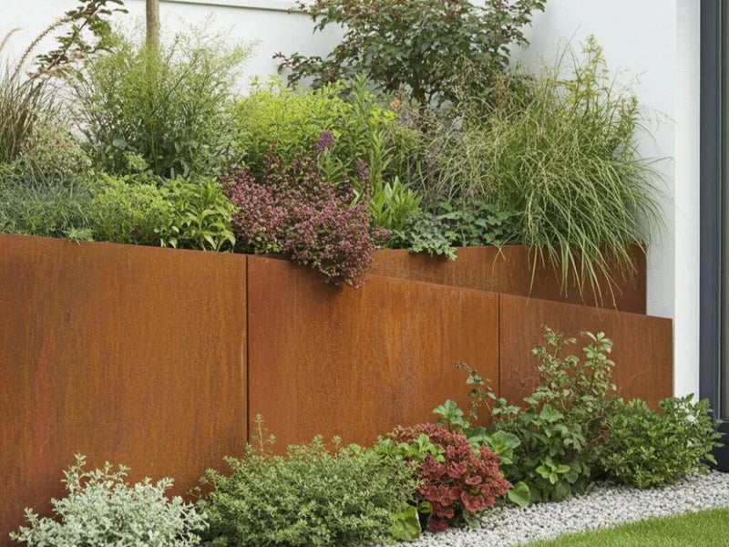 Lutande stödmur i cortenstål med perenner i planteringsbädd