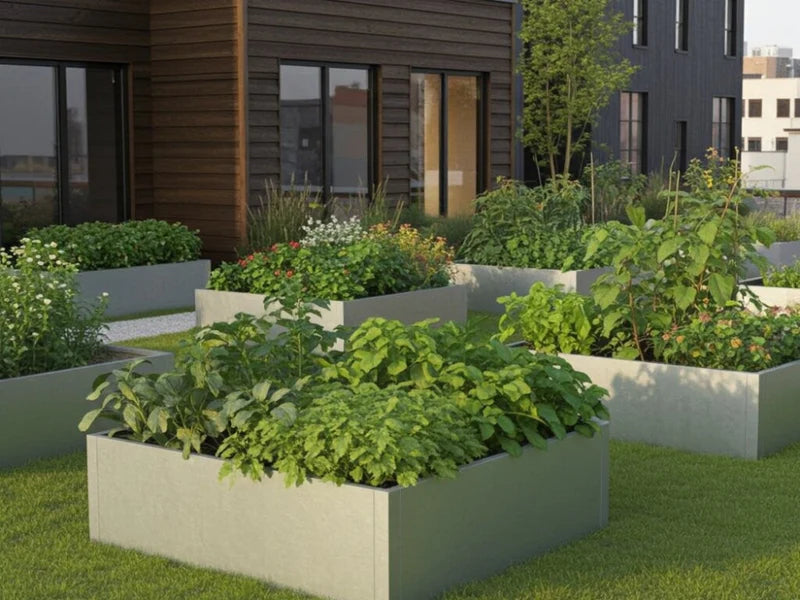 Odlingslåda i galvaniserat stål med grönsaker och blommor i modern trädgård